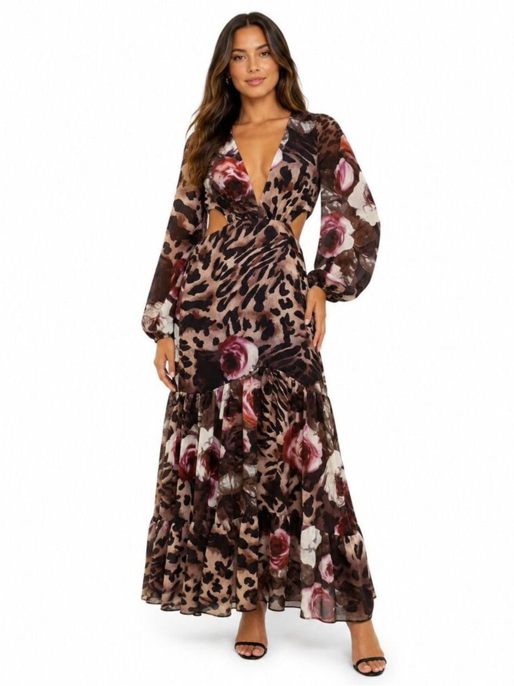 Floral Leopard Print Cutout Maxi Dress